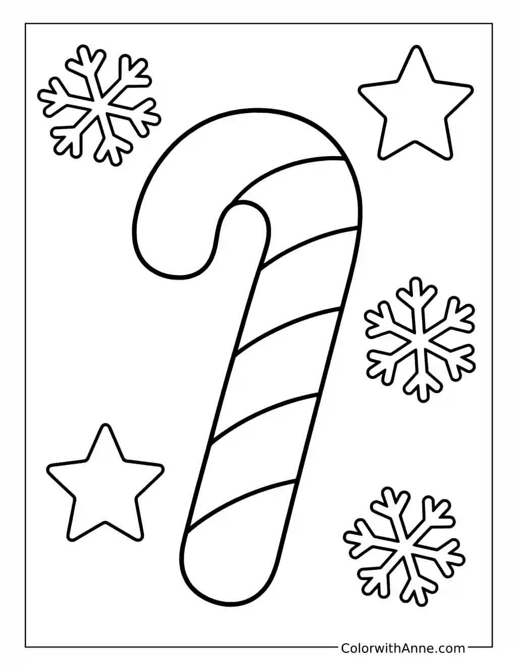 Easy Candy Cane with Snowflakes and Stars coloring page