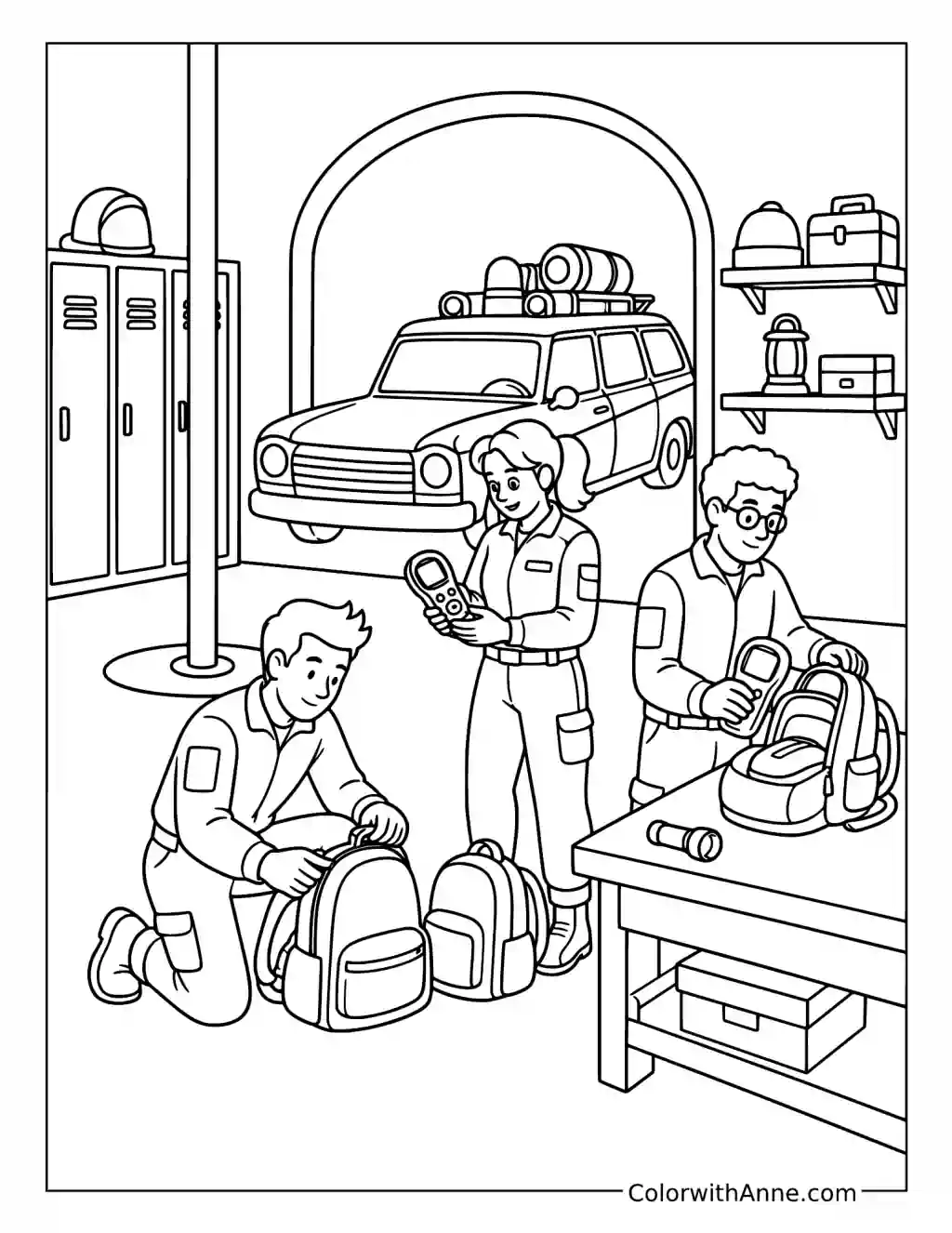 Egon Spengler and Fellow Investigators Preparing Equipment at the Firehouse coloring page