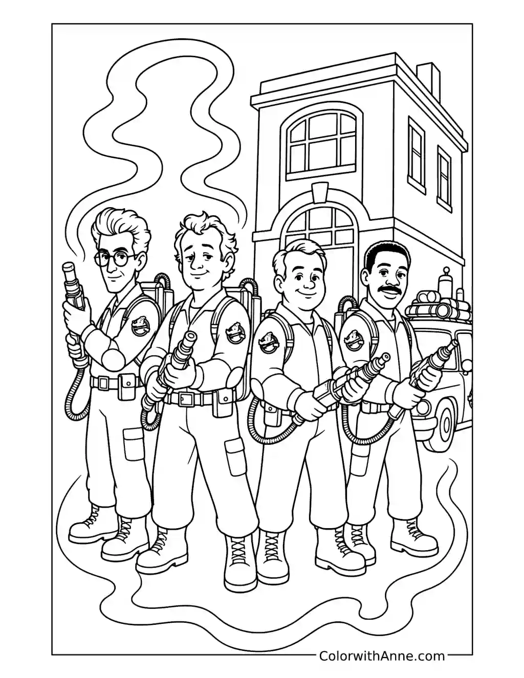 Egon Spengler Peter Venkman Ray Stantz and Winston Zeddemore Outside the Firehouse coloring page