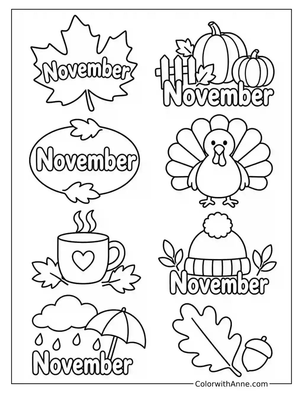 Eight November Seasonal Motifs coloring page