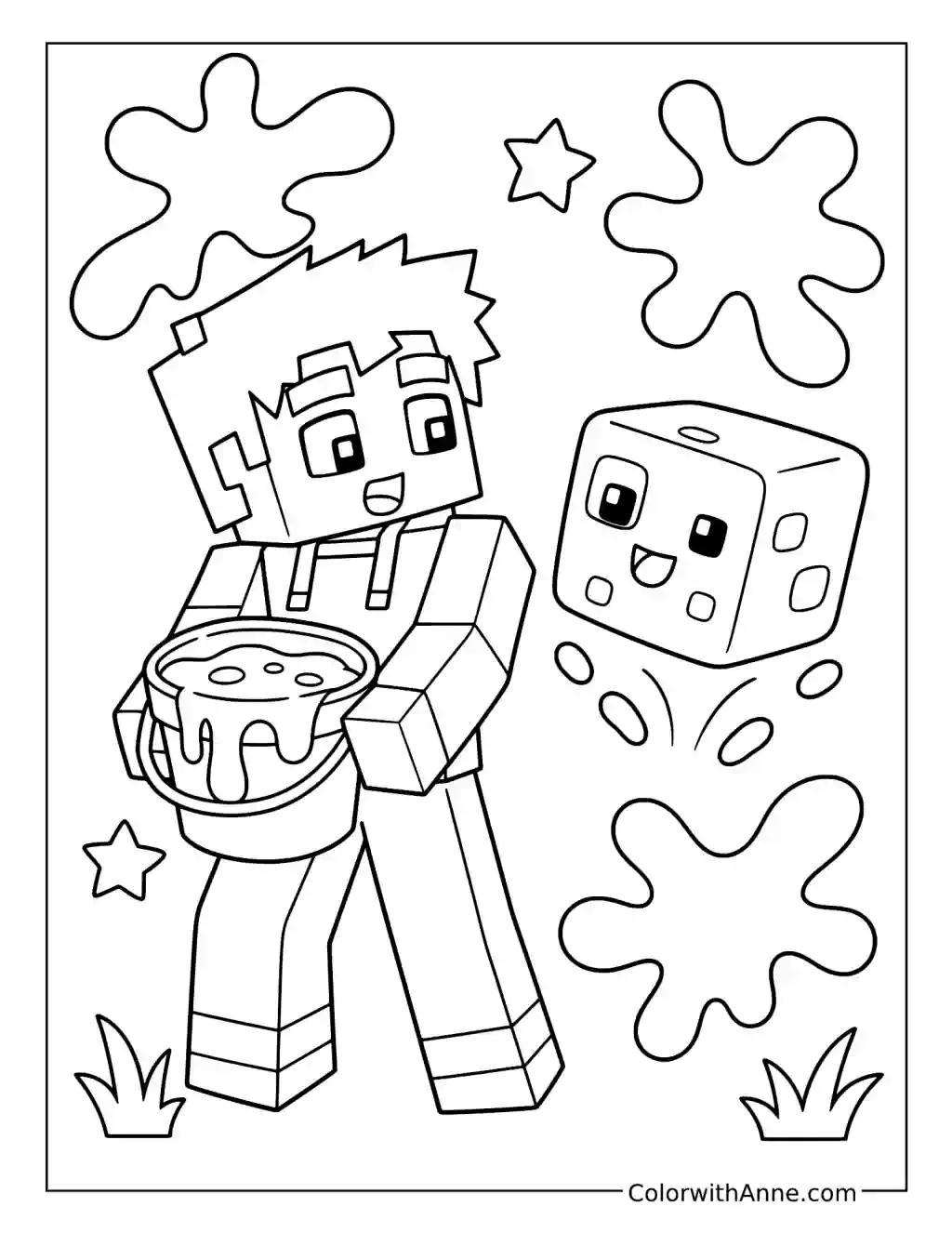 Ein Holding a Paint Bucket Beside a Smiling Slime coloring page