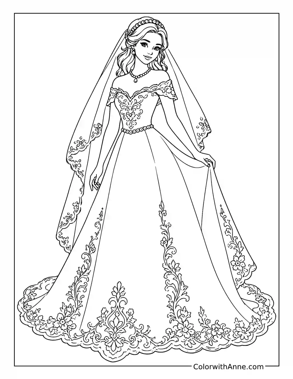 Elegant Bride with Veil and Train coloring page