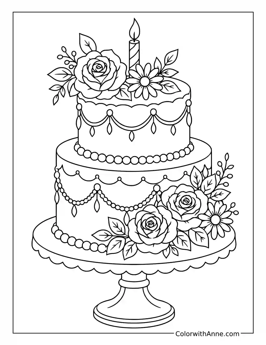Elegant Floral Birthday Cake coloring page