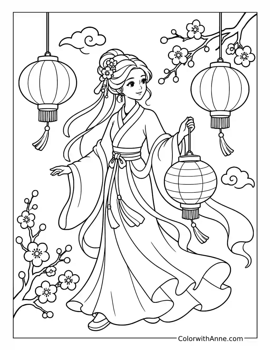 Elegant Hanfu Woman with Lanterns and Plum Blossoms coloring page