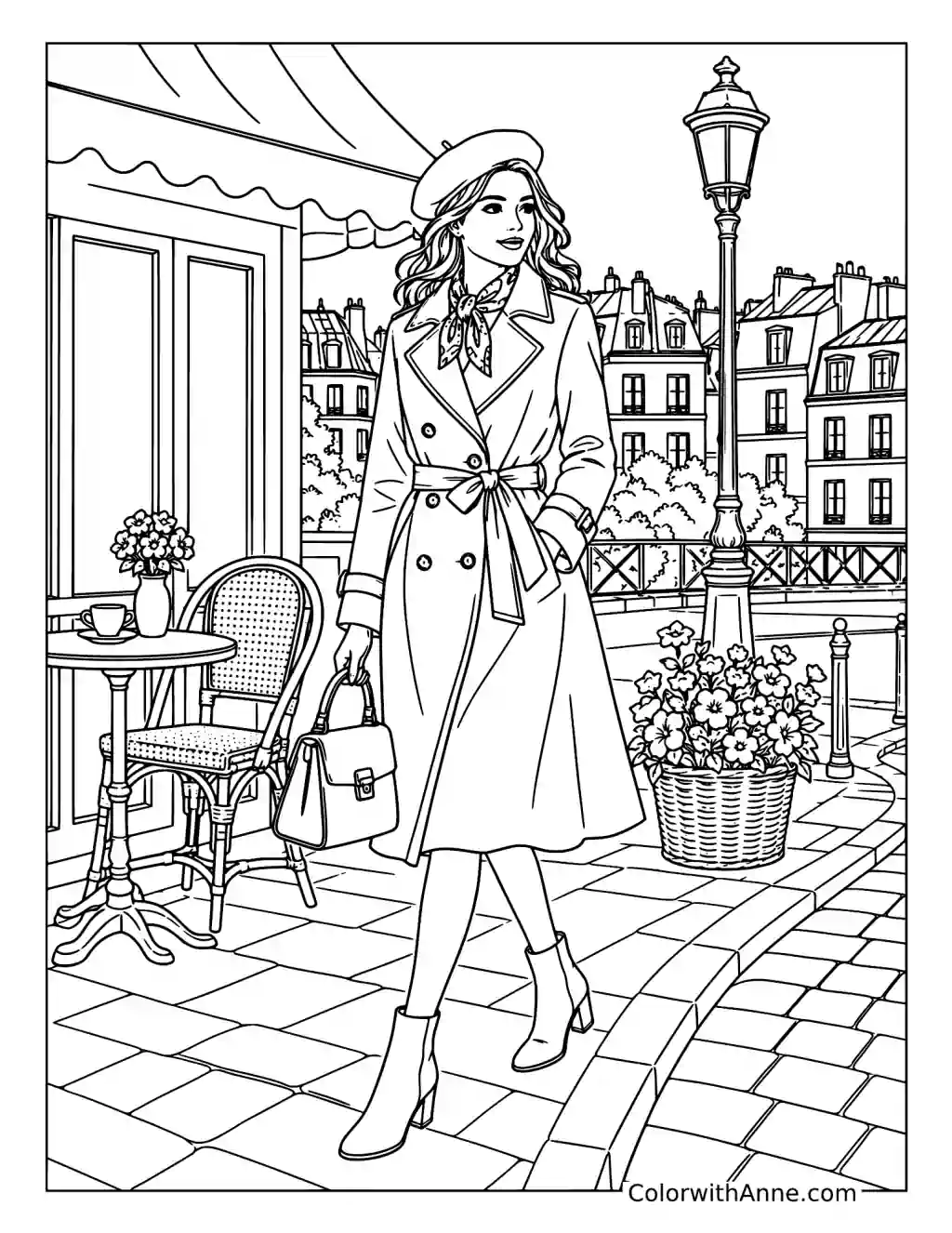Elegant Parisian Stroll by a Café coloring page