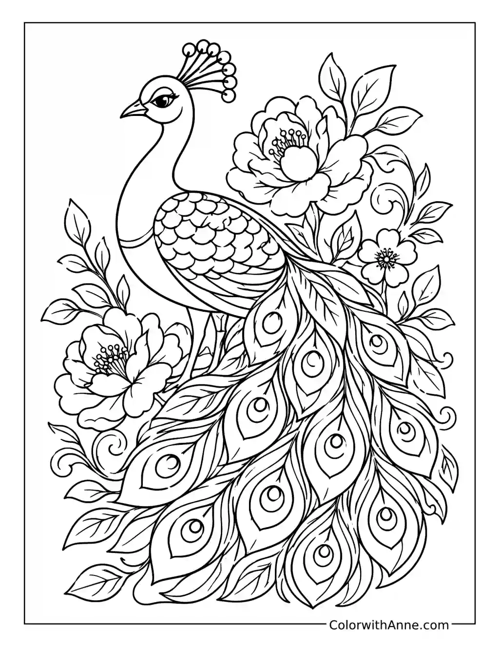 Elegant Peacock Among Large Blossoms coloring page