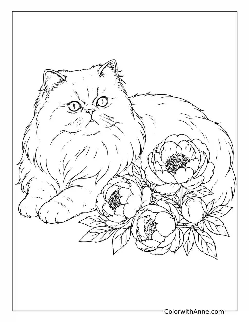 Elegant Persian Cat with Peonies coloring page