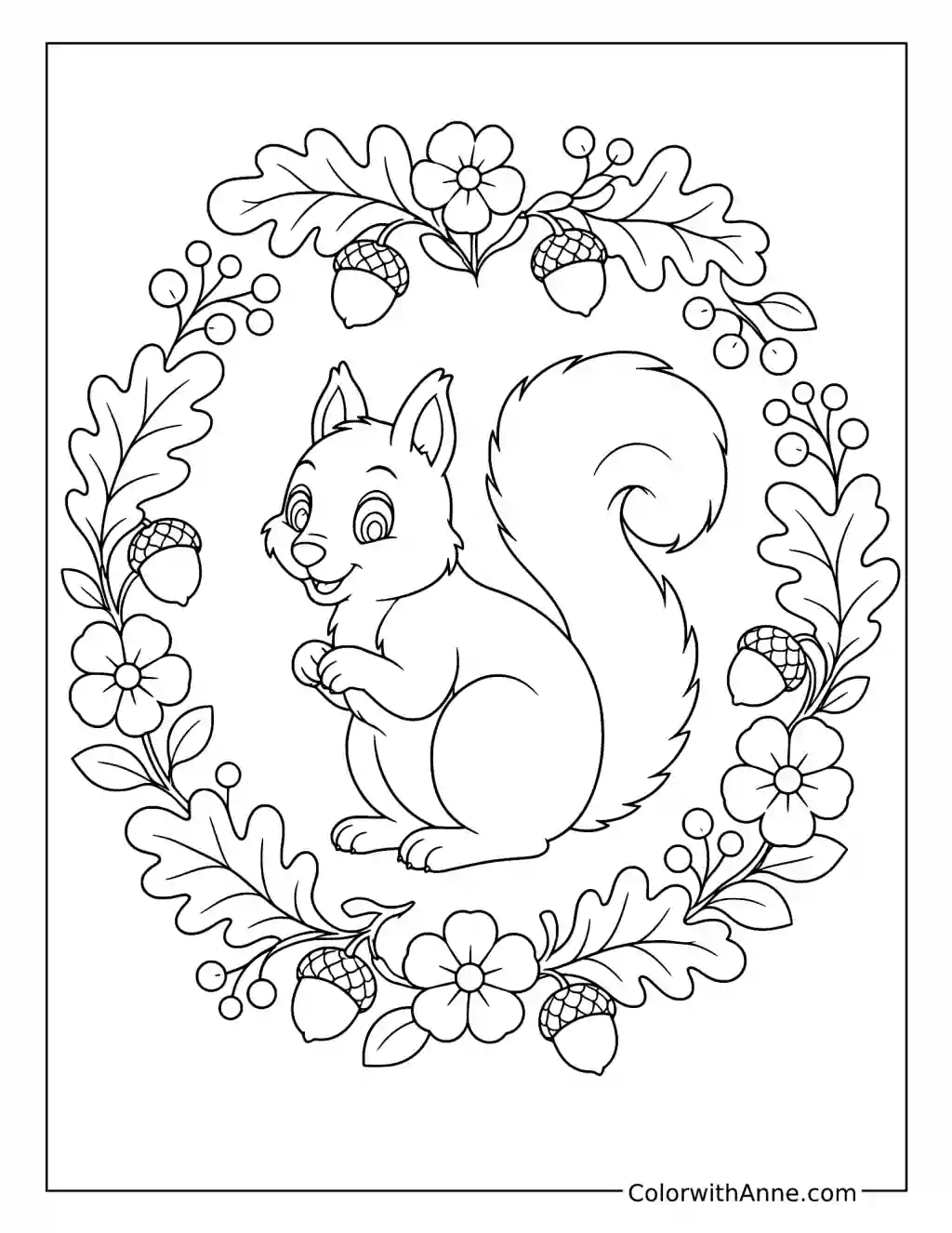 Elegant Squirrel in an Oak Wreath coloring page