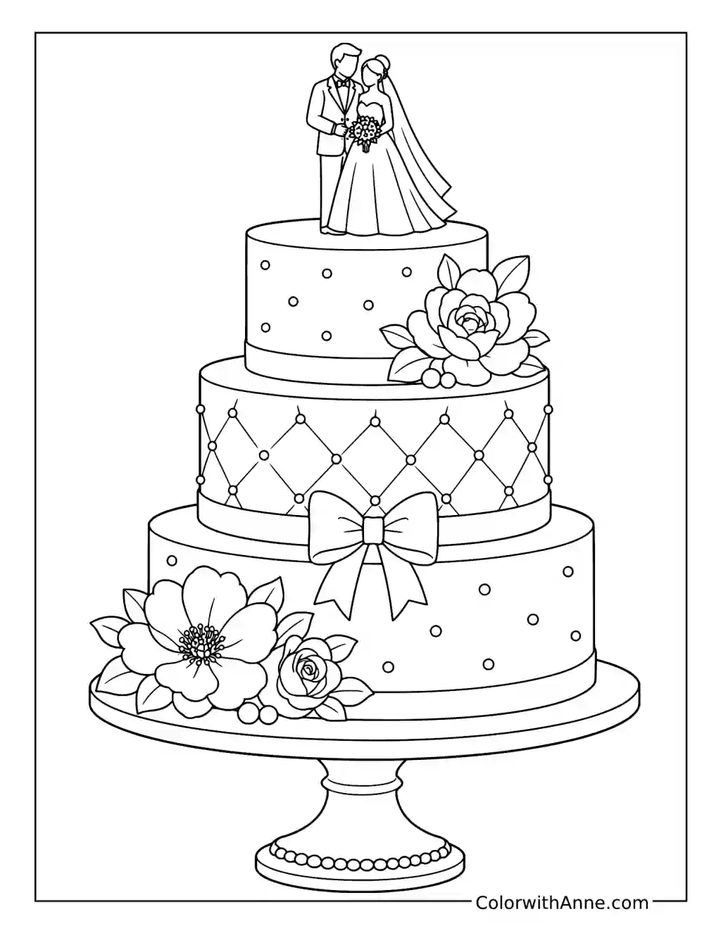 Elegant Three-Tier Wedding Cake coloring page