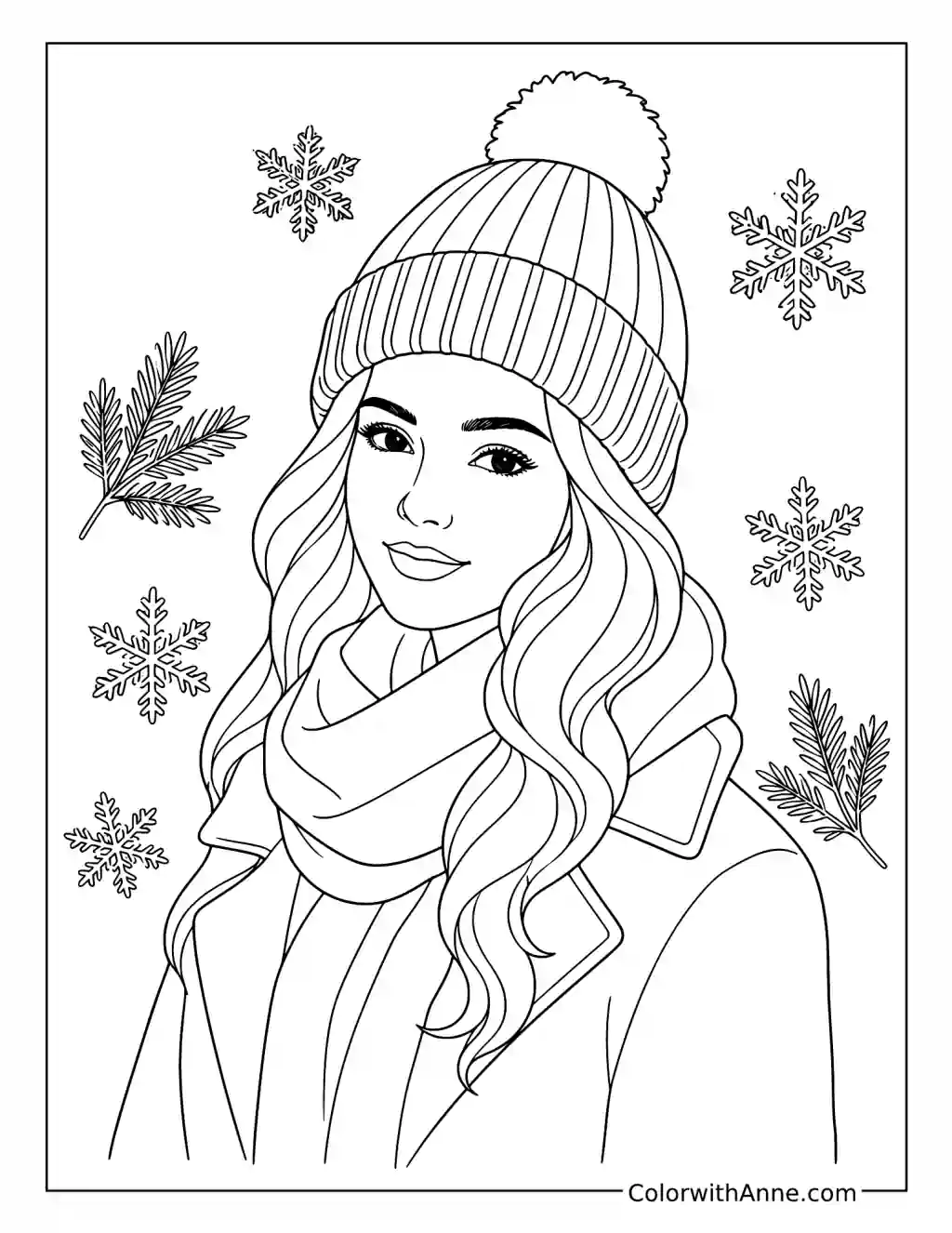 Elegant Winter Beanie Portrait coloring page
