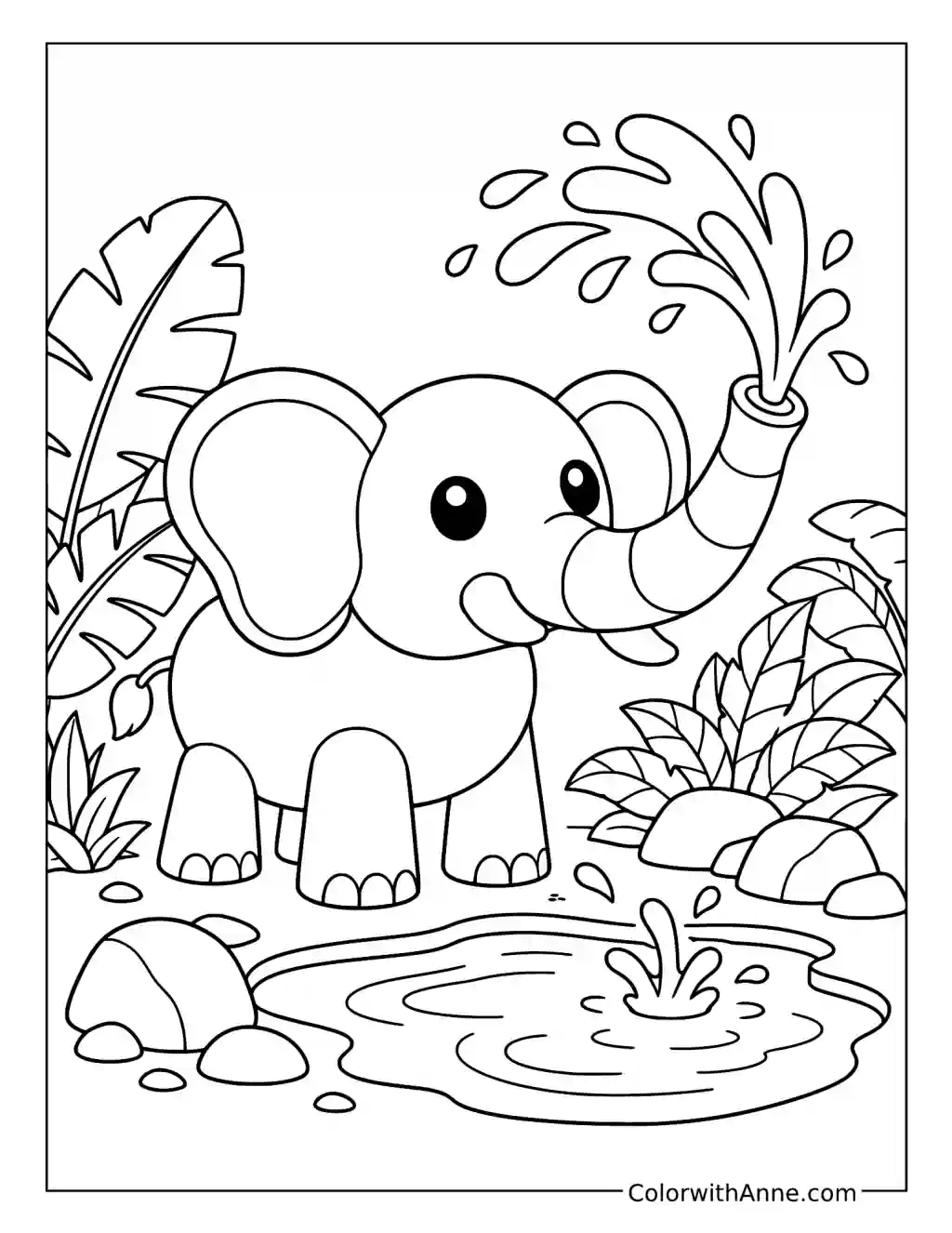 Elephant Splashing in a Tropical Pond coloring page