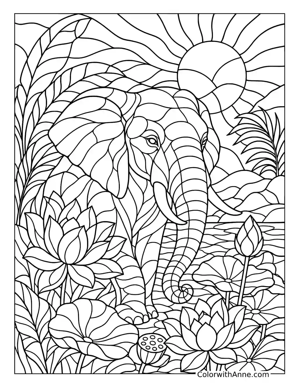 Elephant with Lotus Flowers Stained Glass coloring page