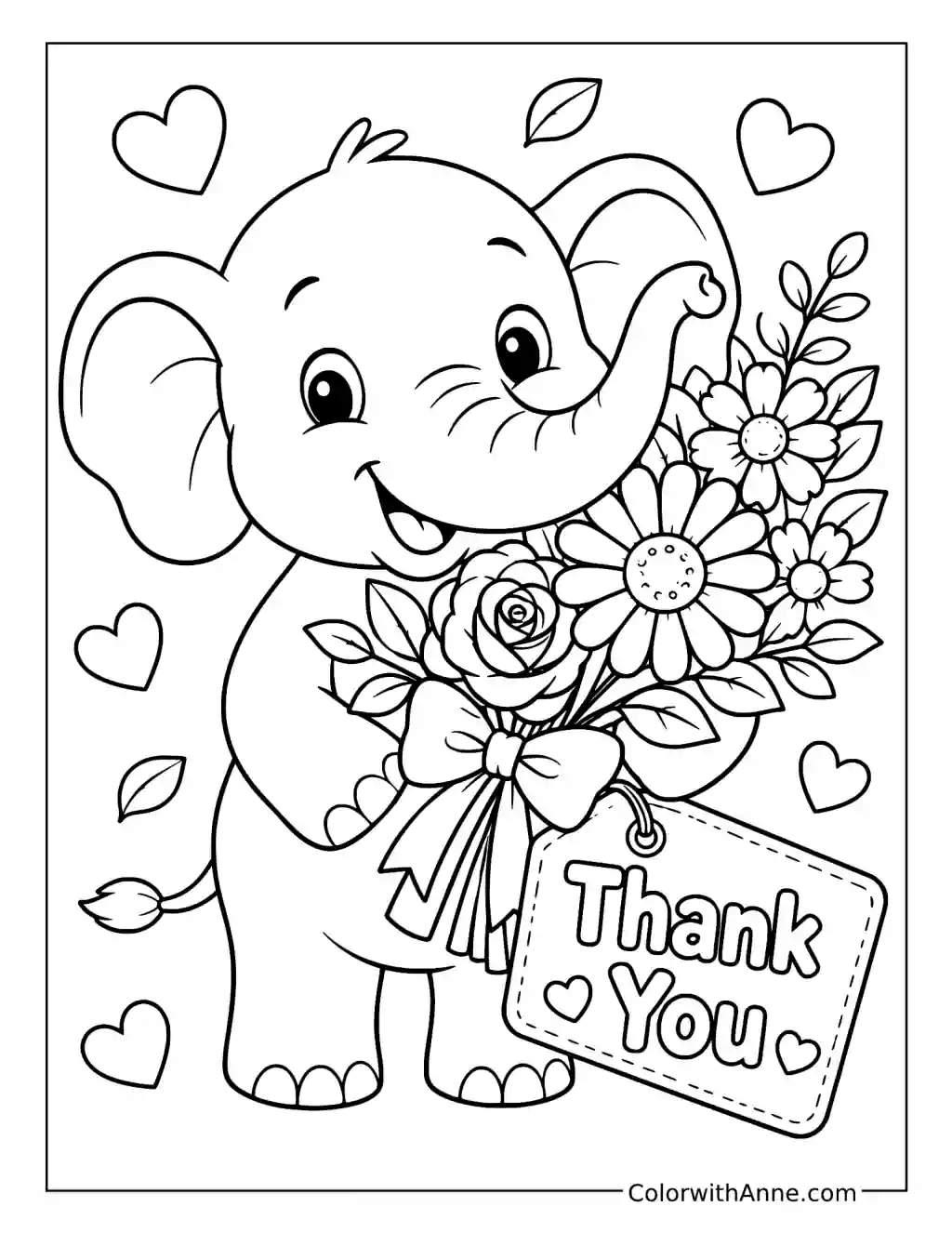 Elephant with Thank You Flower Bouquet coloring page