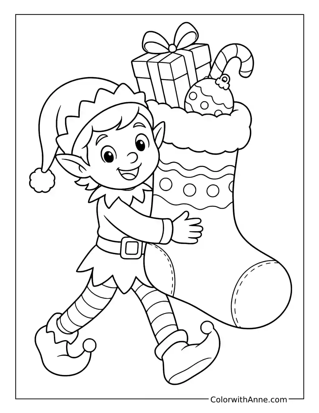 Elf Carrying a Giant Christmas Stocking coloring page