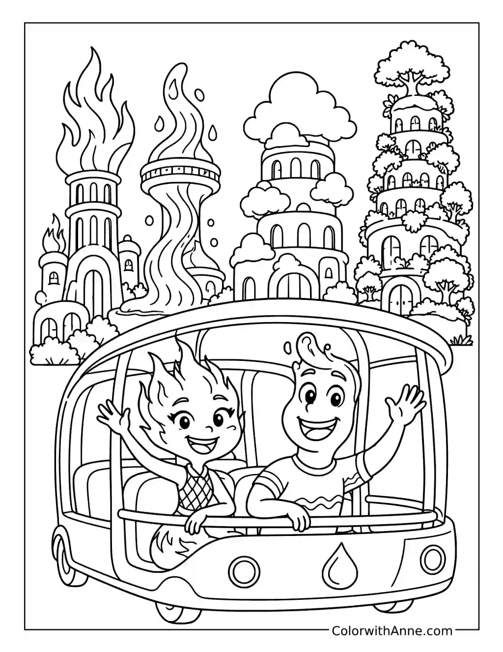 Ember and Wade Exploring Element City coloring page