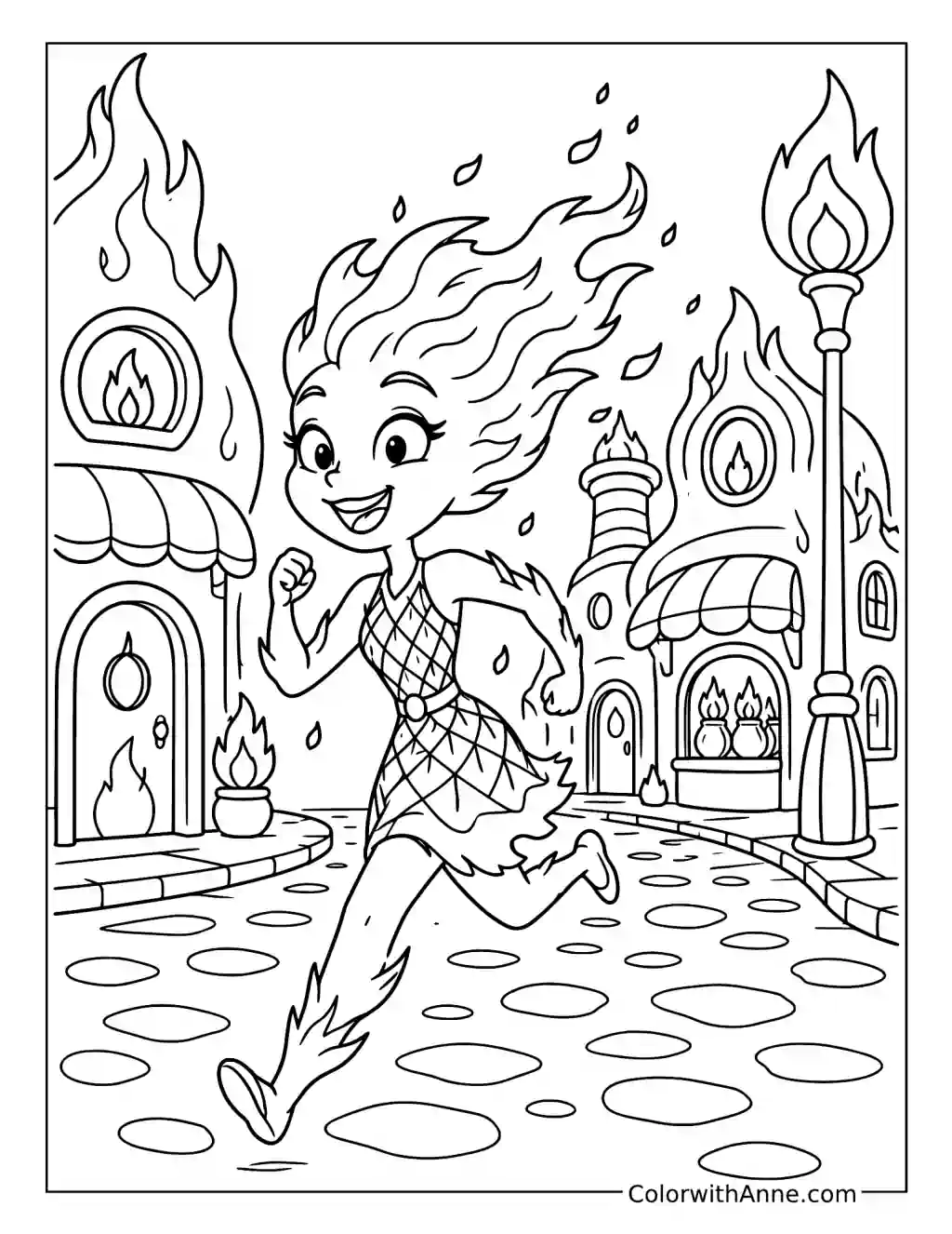 Ember Running Through Fire Town coloring page