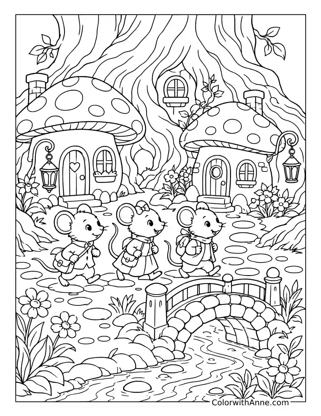 Enchanted Mouse Village coloring page