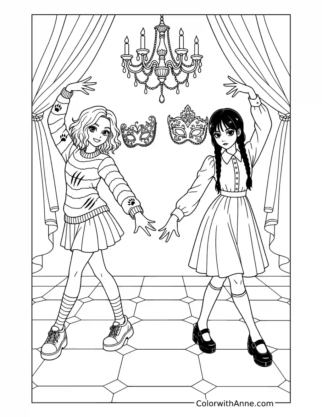 Enid and Wednesday Dancing coloring page
