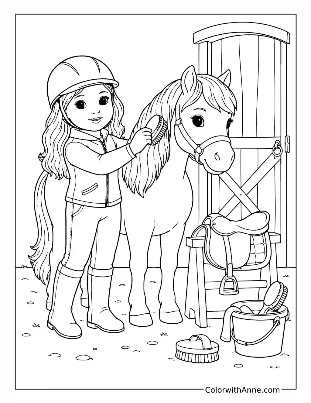 Equestrian Doll Grooming Her Horse coloring page