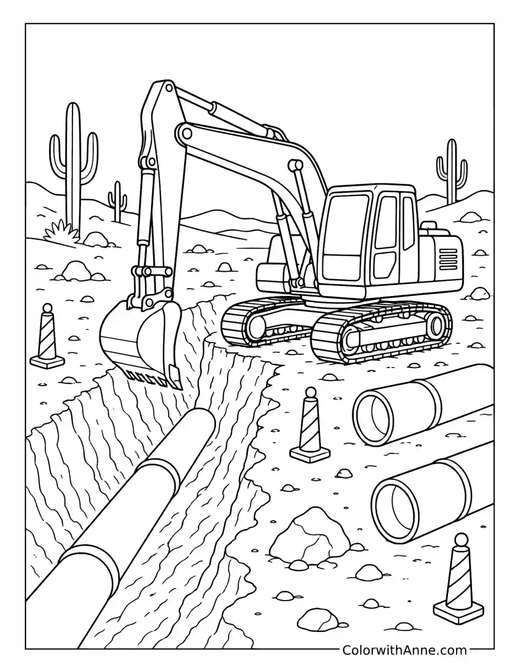 Excavator at a Desert Pipeline Site coloring page