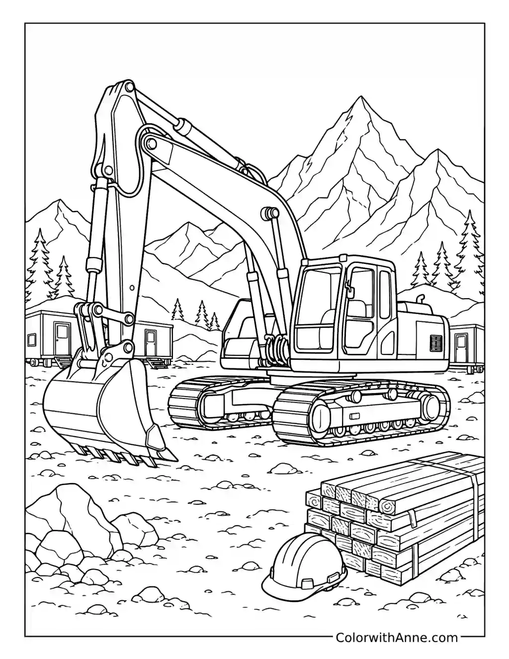 Excavator at a Mountain Construction Camp coloring page