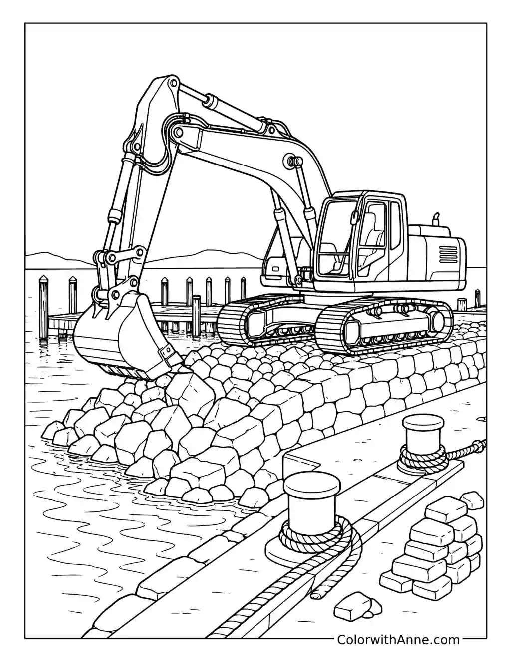 Excavator Building a Harbor Seawall coloring page