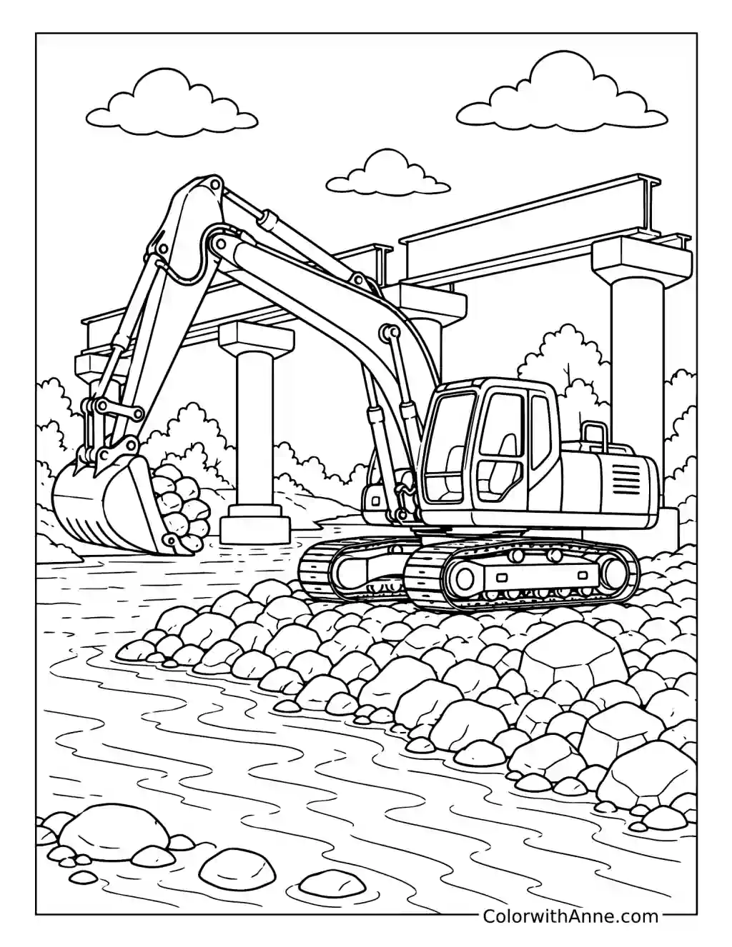 Excavator Building a River Bridge coloring page