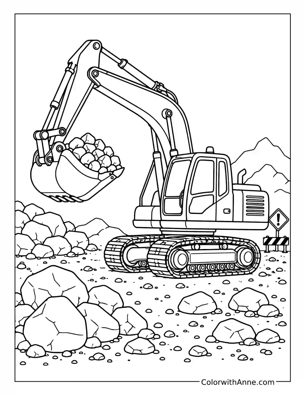 Excavator Carrying Rocks at a Worksite coloring page