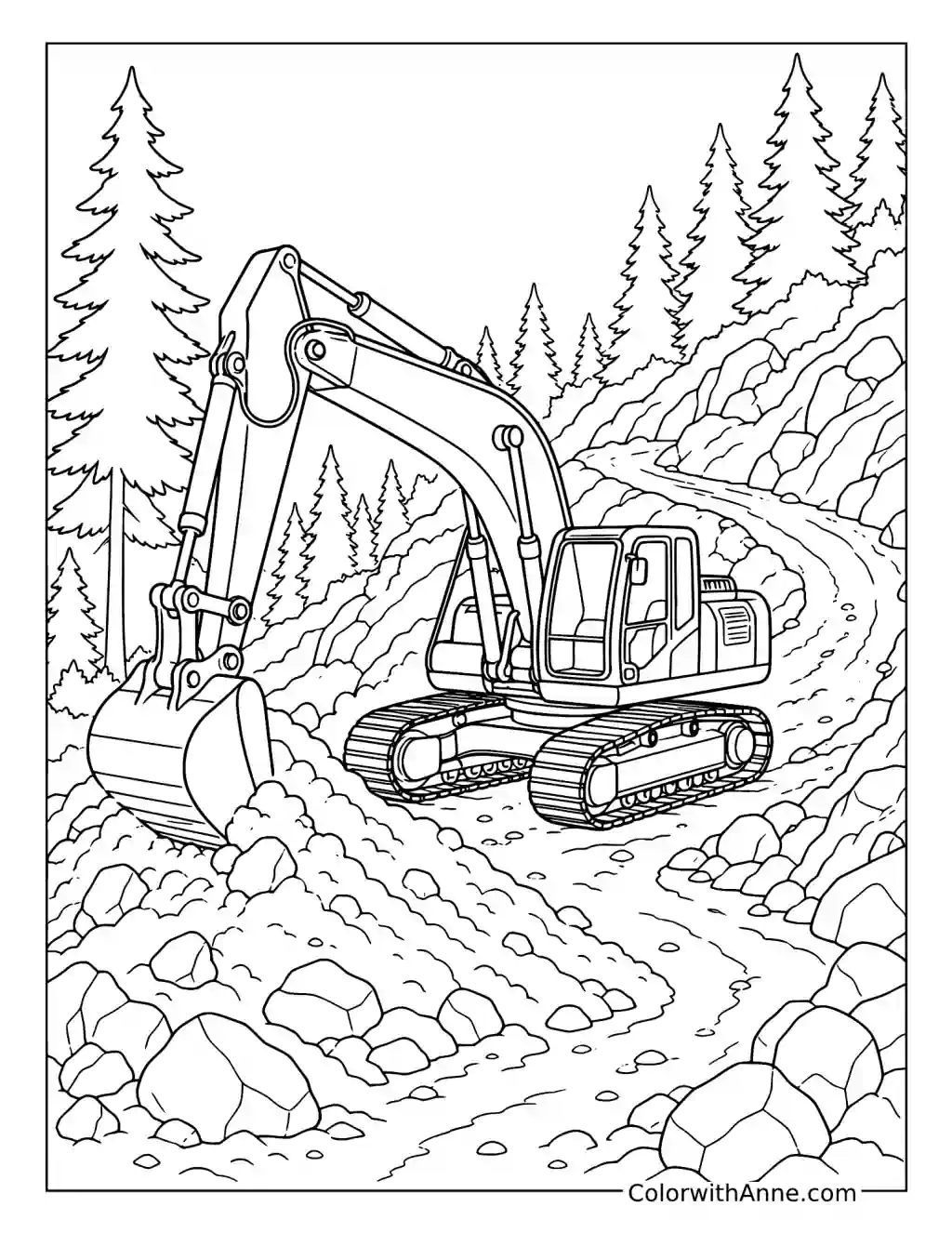 Excavator Clearing a Forest Mountain Trail coloring page