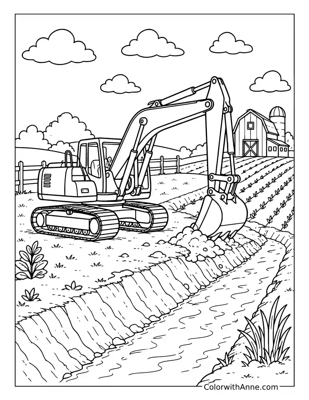 Excavator Digging a Farm Irrigation Ditch coloring page