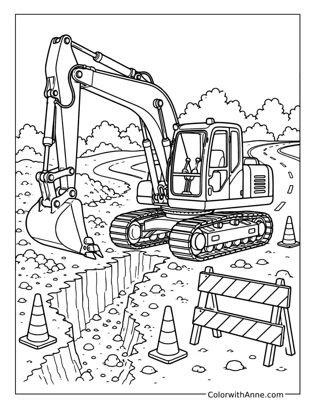 Excavator Digging Beside a Road coloring page