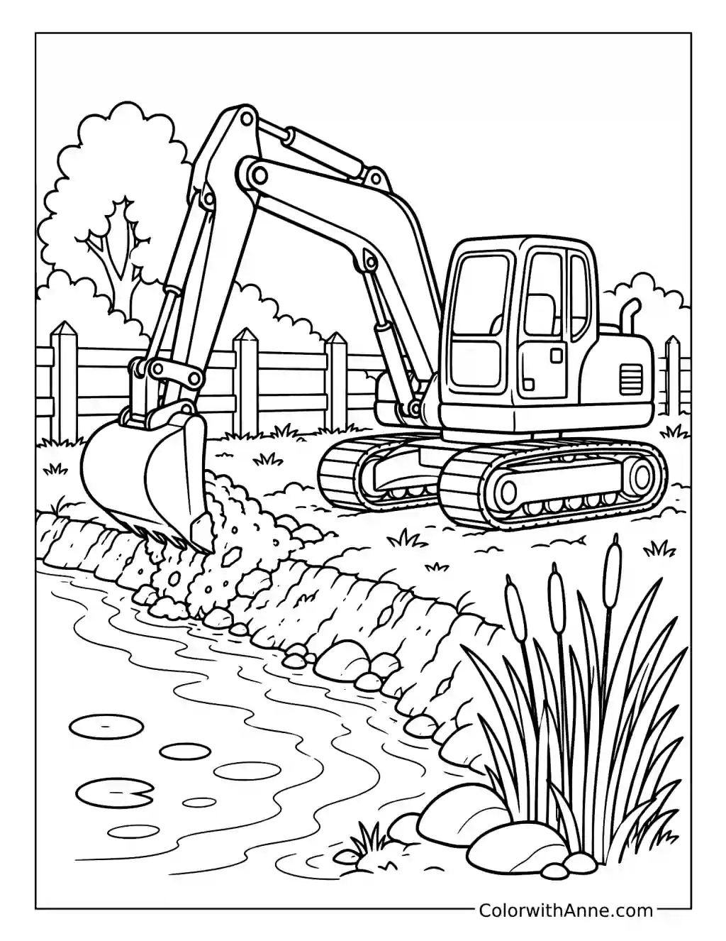 Excavator Digging by the Pond coloring page