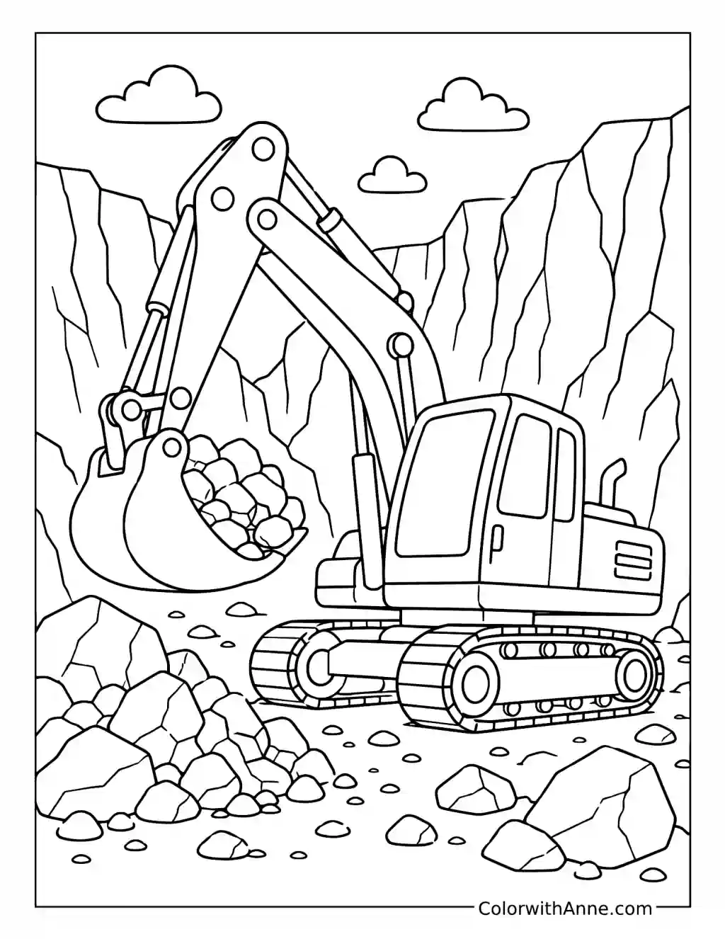 Excavator in a Rocky Quarry coloring page