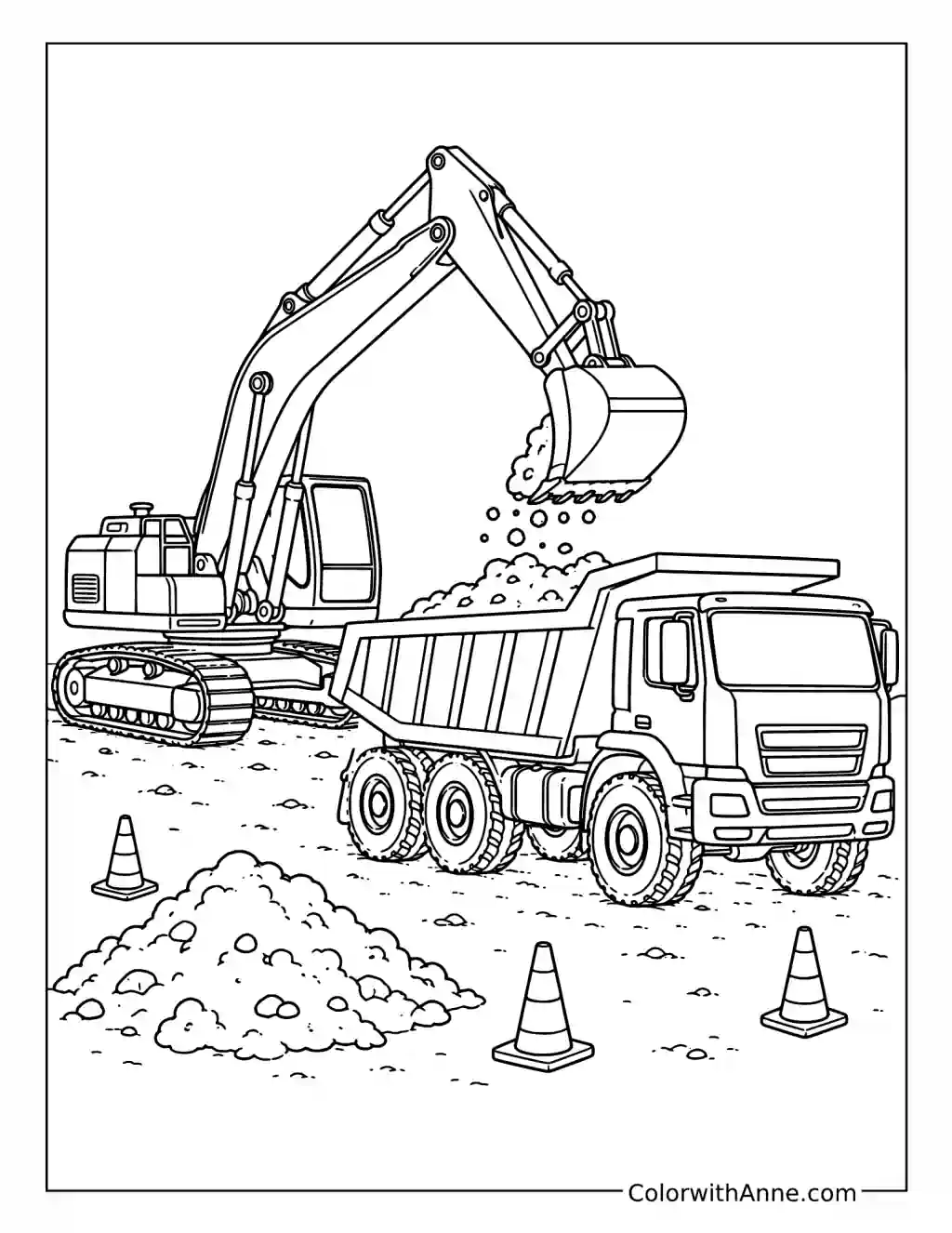 Excavator Loading a Dump Truck coloring page