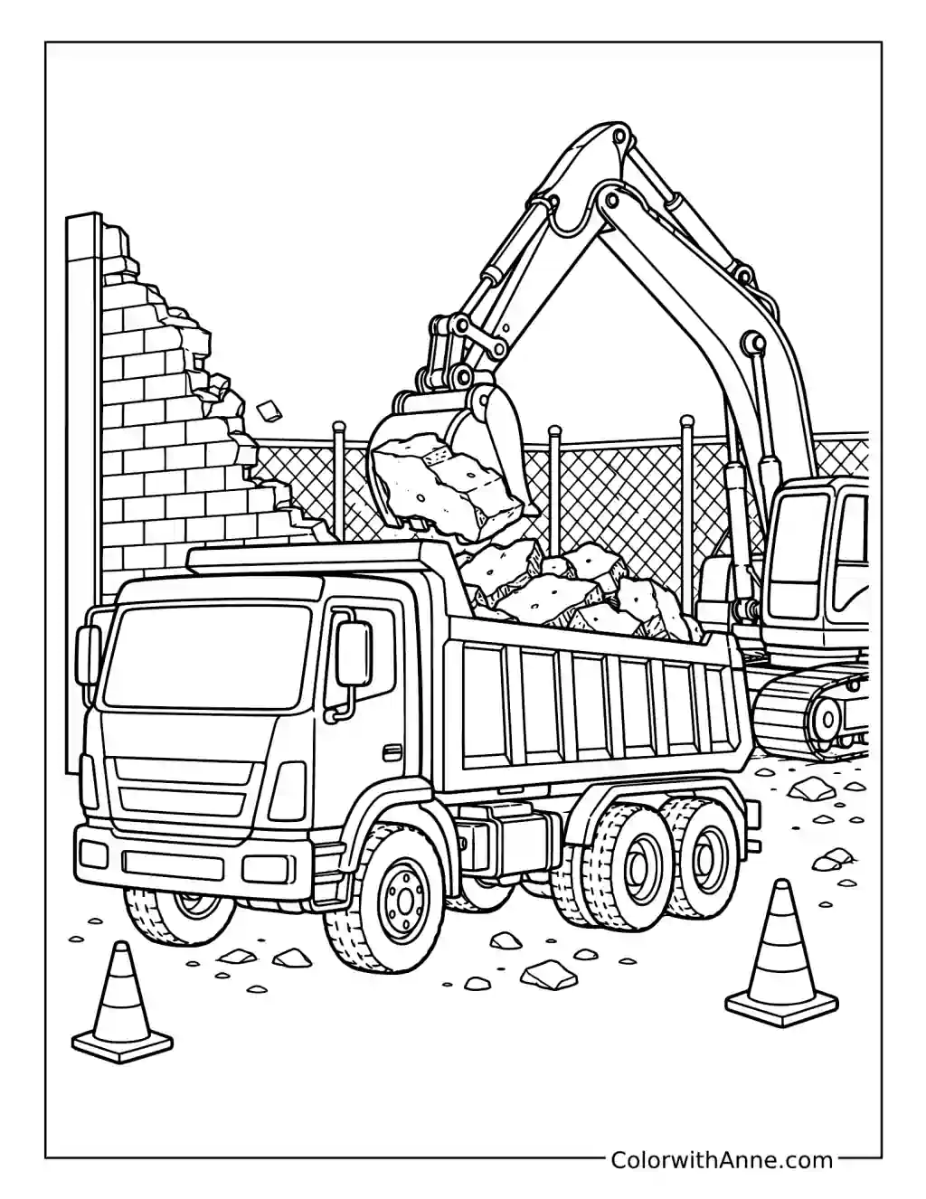 Excavator Loading Demolition Debris into a Dump Truck coloring page