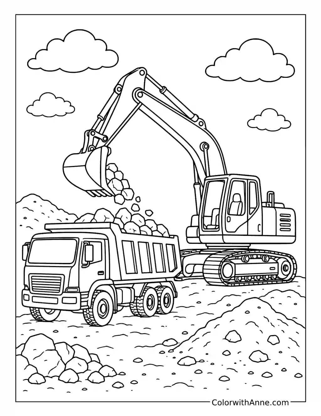 Excavator Loading Rocks into a Dump Truck coloring page