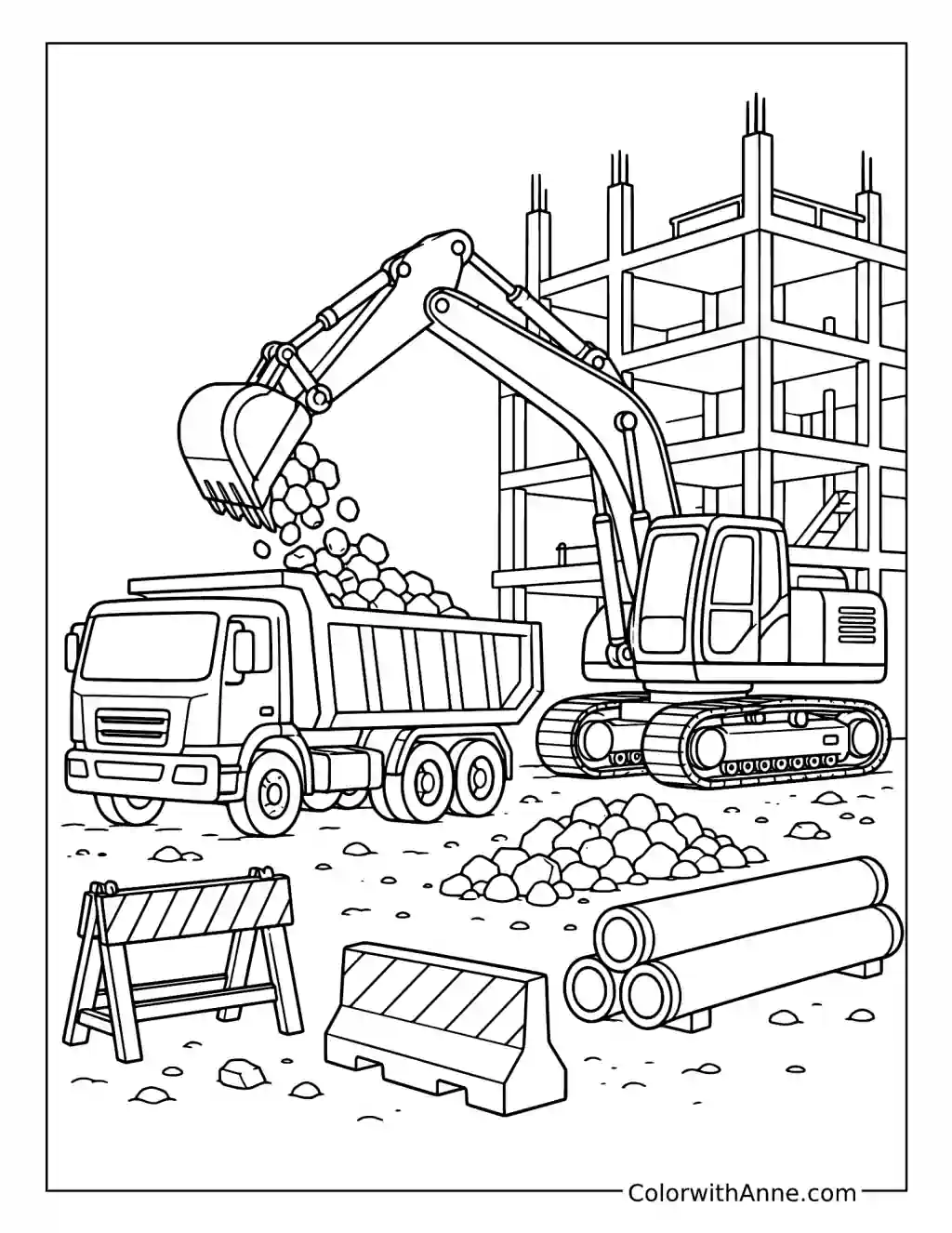 Excavator Loading Rubble at a City Construction Site coloring page