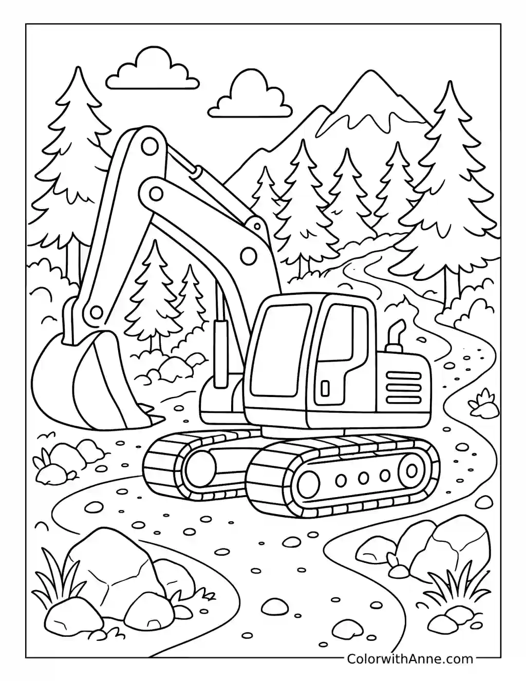 Excavator on a Mountain Forest Trail coloring page