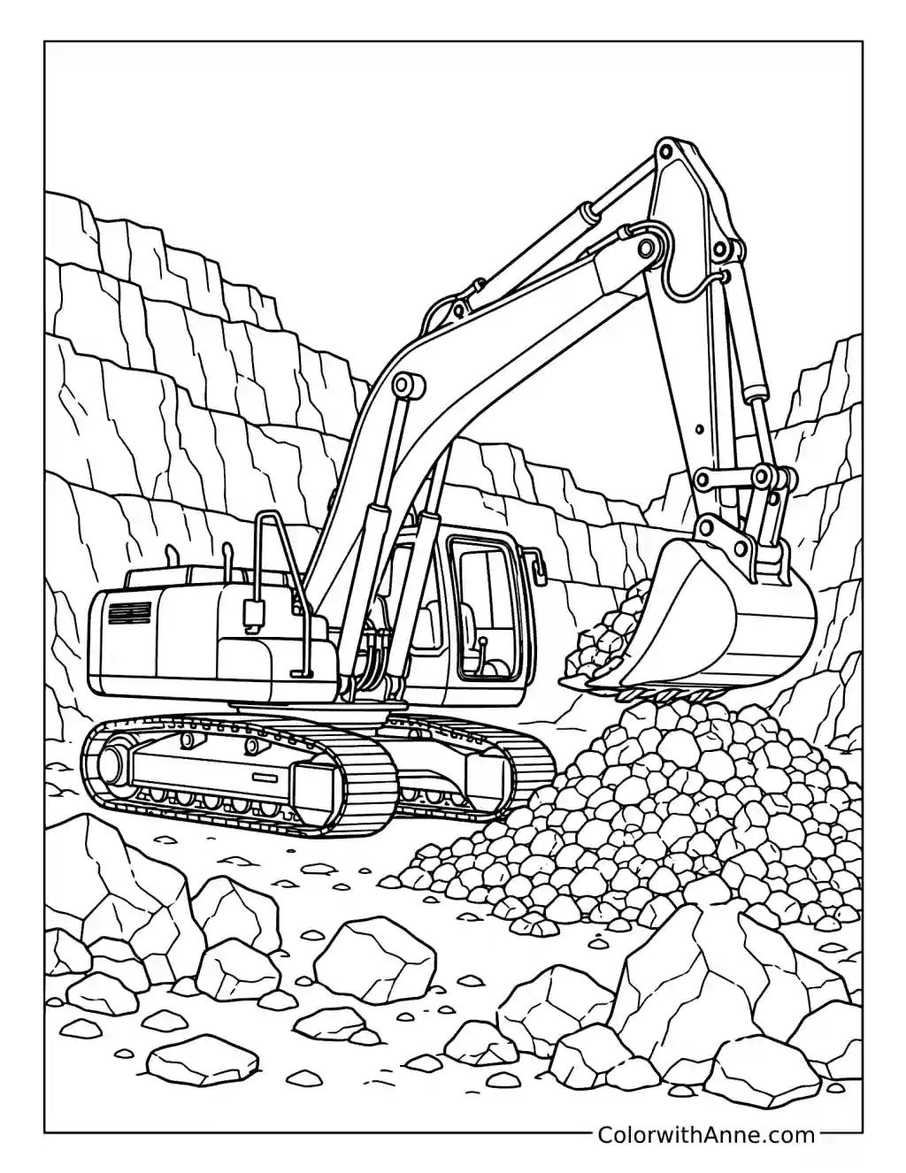 Excavator Working at a Rocky Quarry coloring page