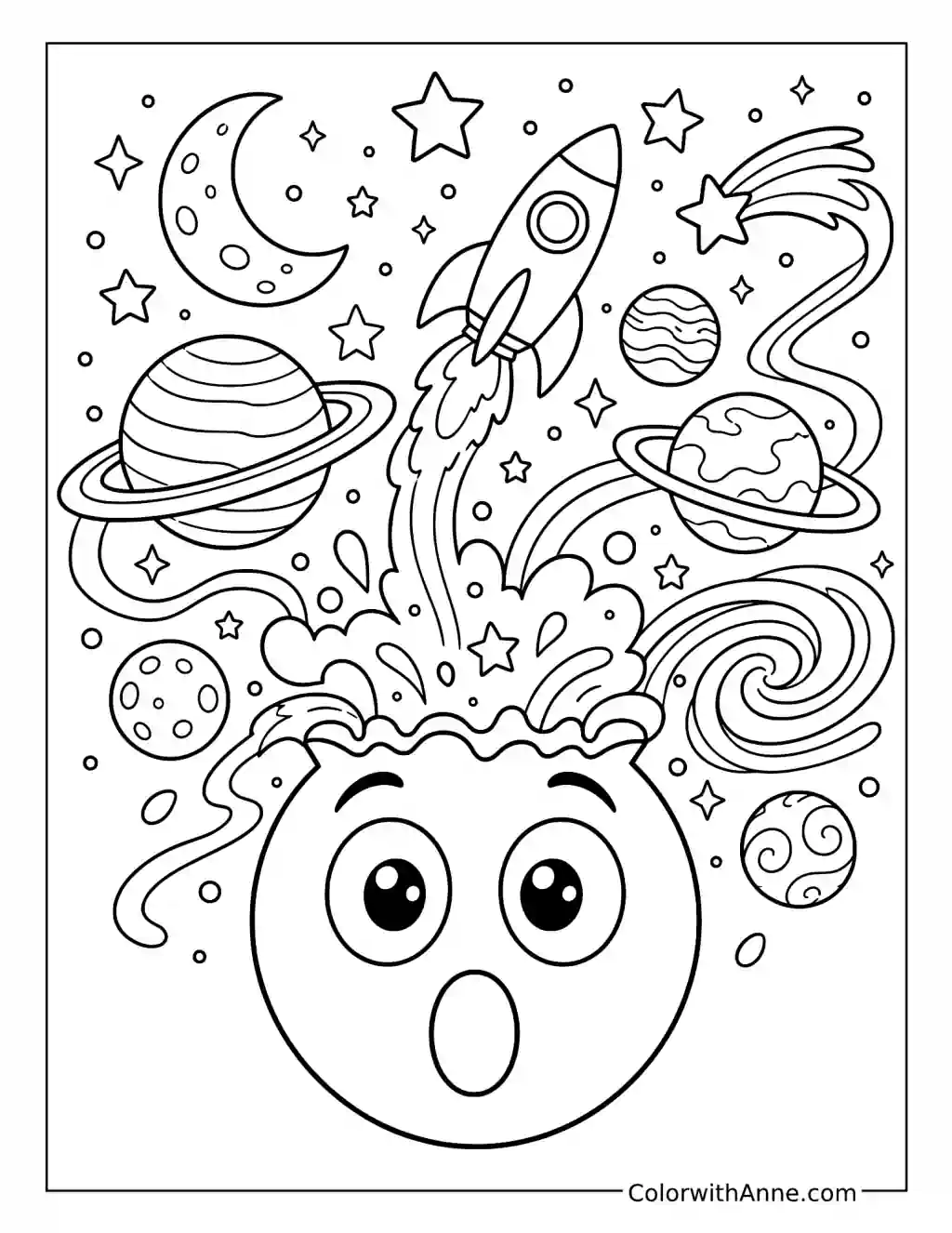 Exploding Head Emoji with Rockets and Planets coloring page