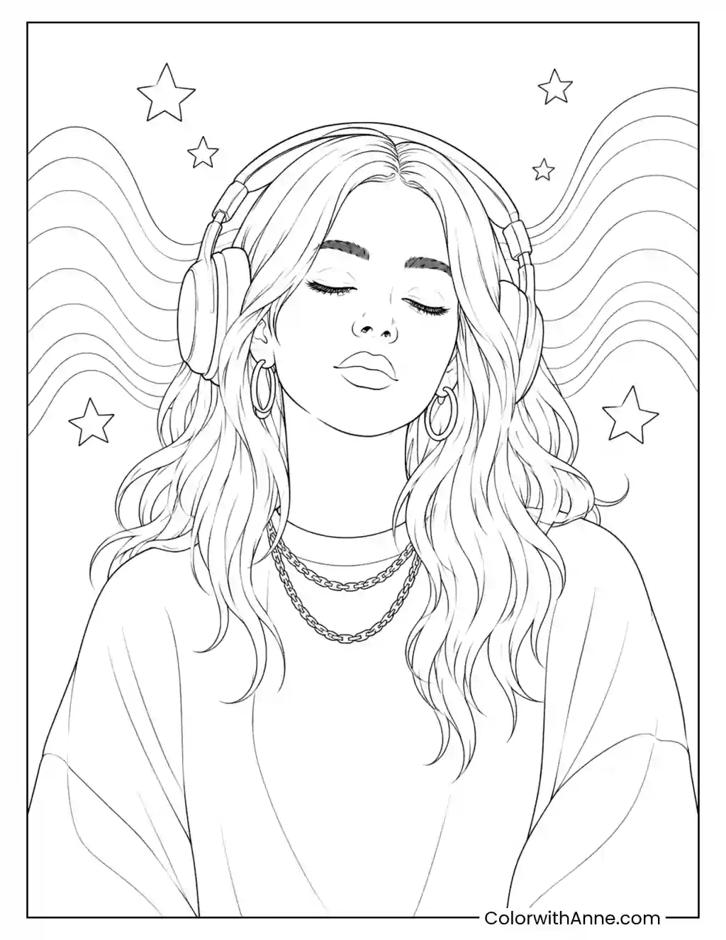 Eyes-Closed Headphones and Sound Waves coloring page