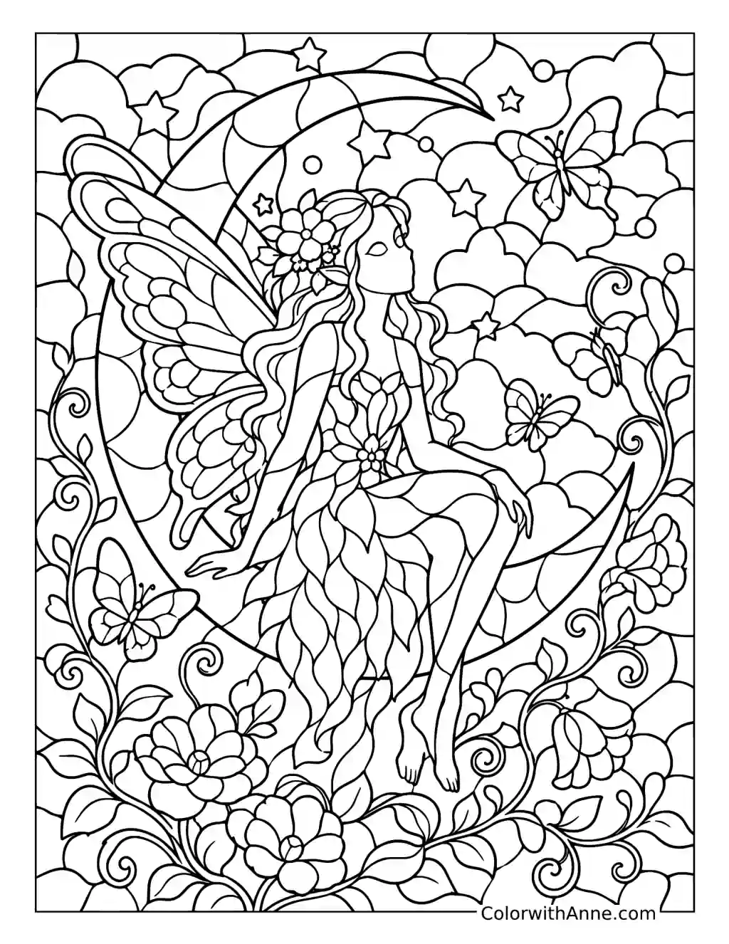 Fairy on a Crescent Moon Stained Glass coloring page