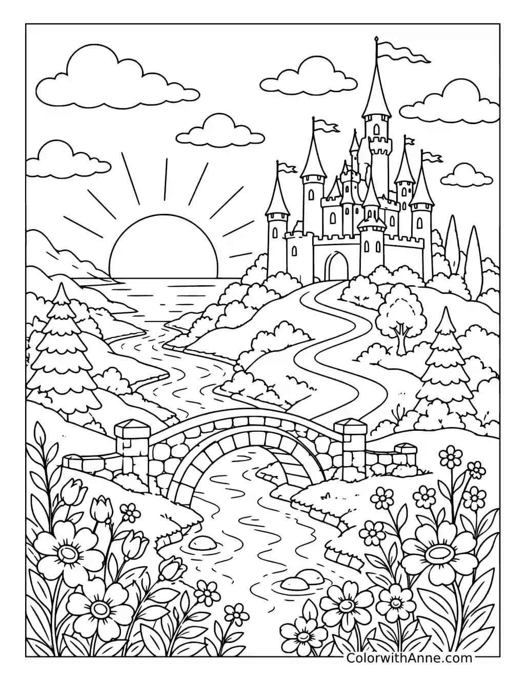 Fairytale Castle Sunset coloring page