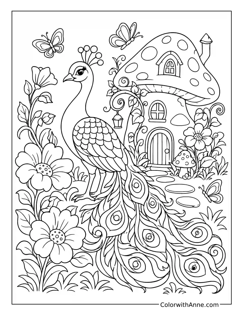 Fairytale Peacock by the Mushroom Cottage coloring page