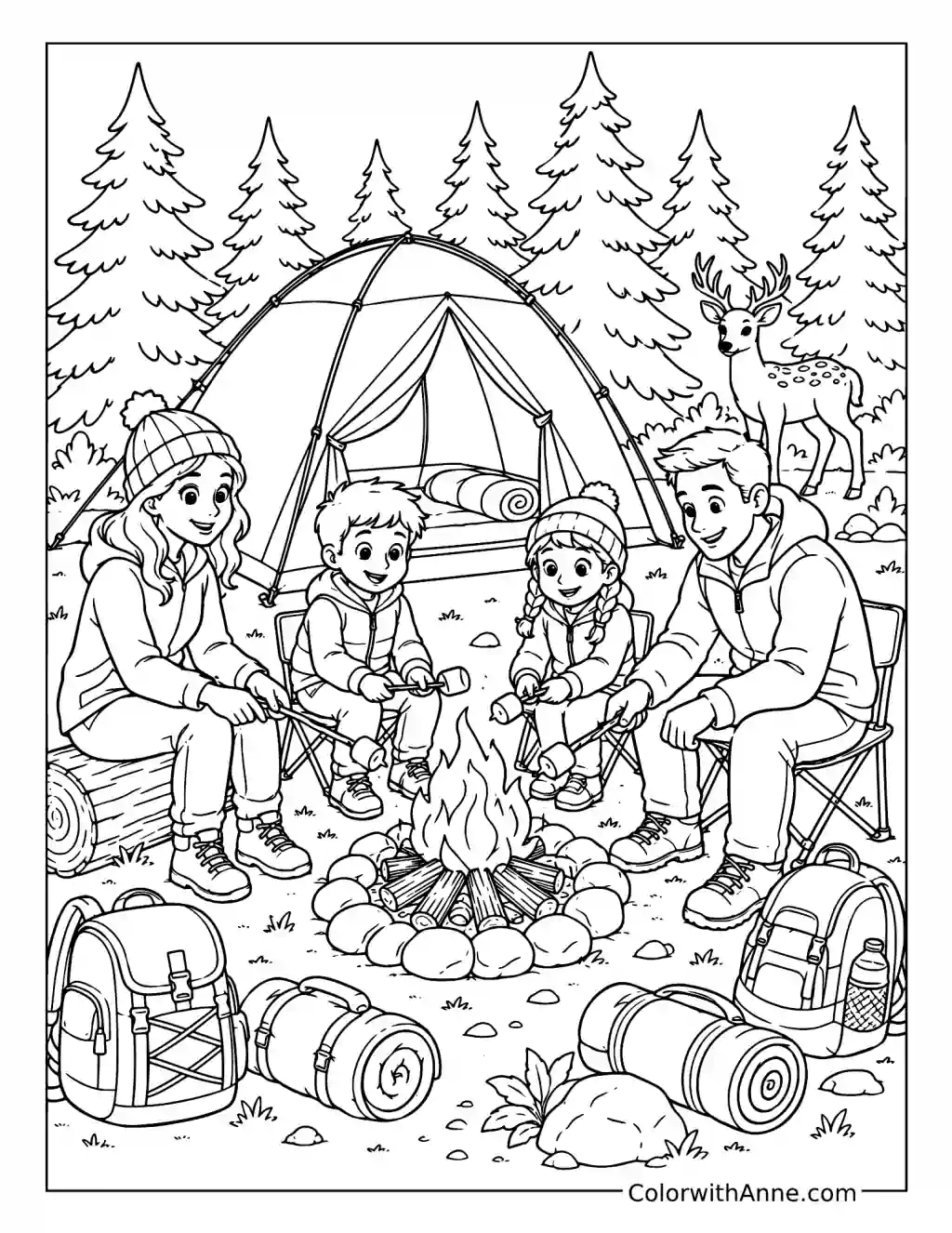 Family Camping in the Forest coloring page