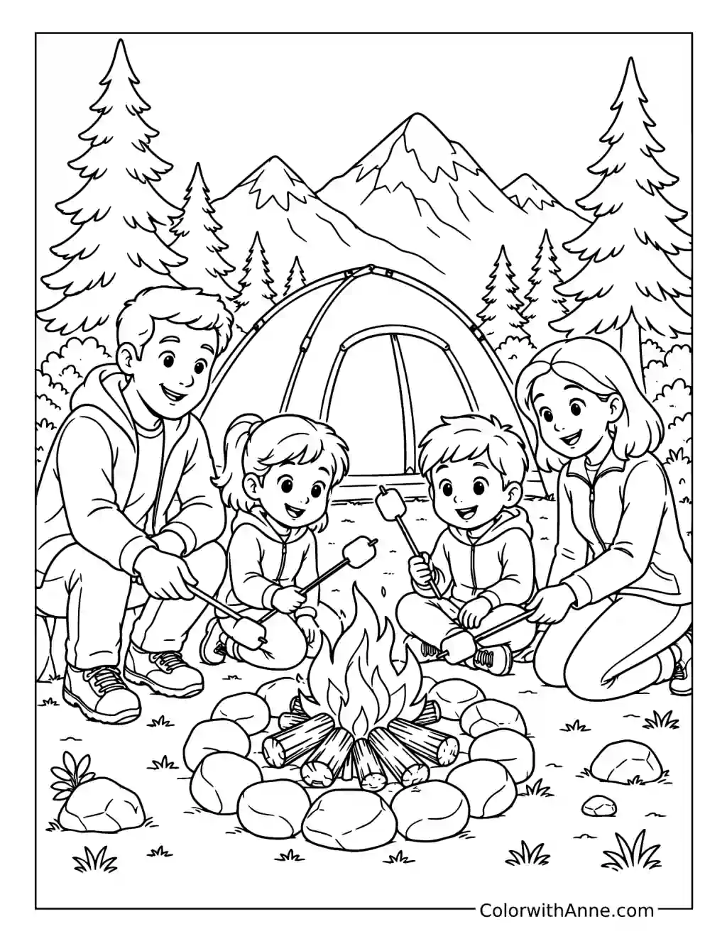 Family Camping in the Mountains coloring page