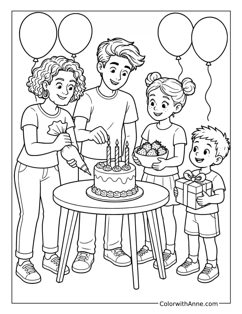 Family Decorating a Birthday Cake coloring page