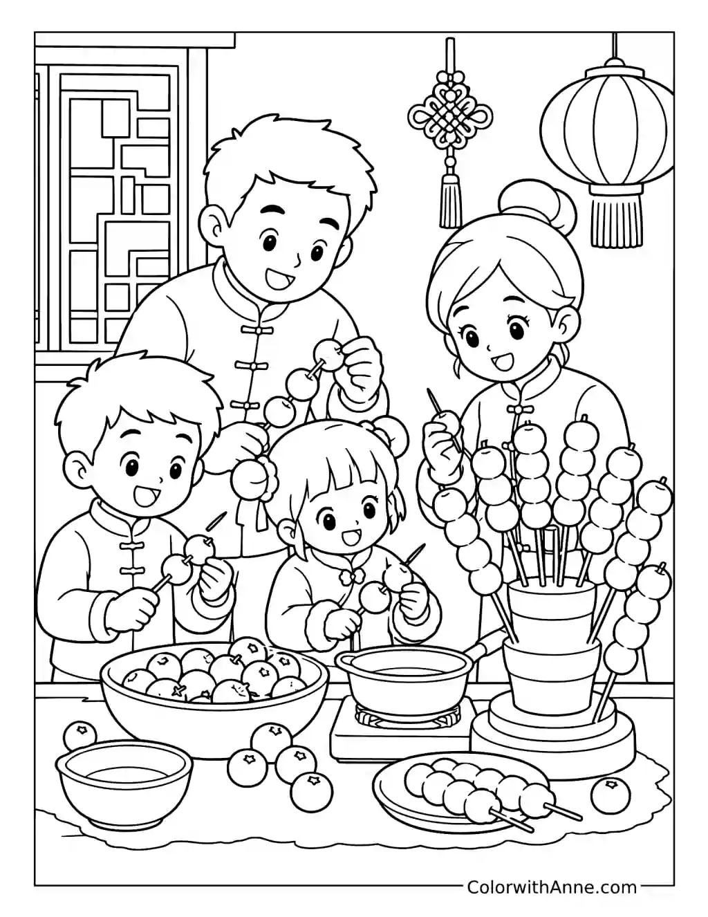 Family Making Candied Hawthorn Skewers coloring page