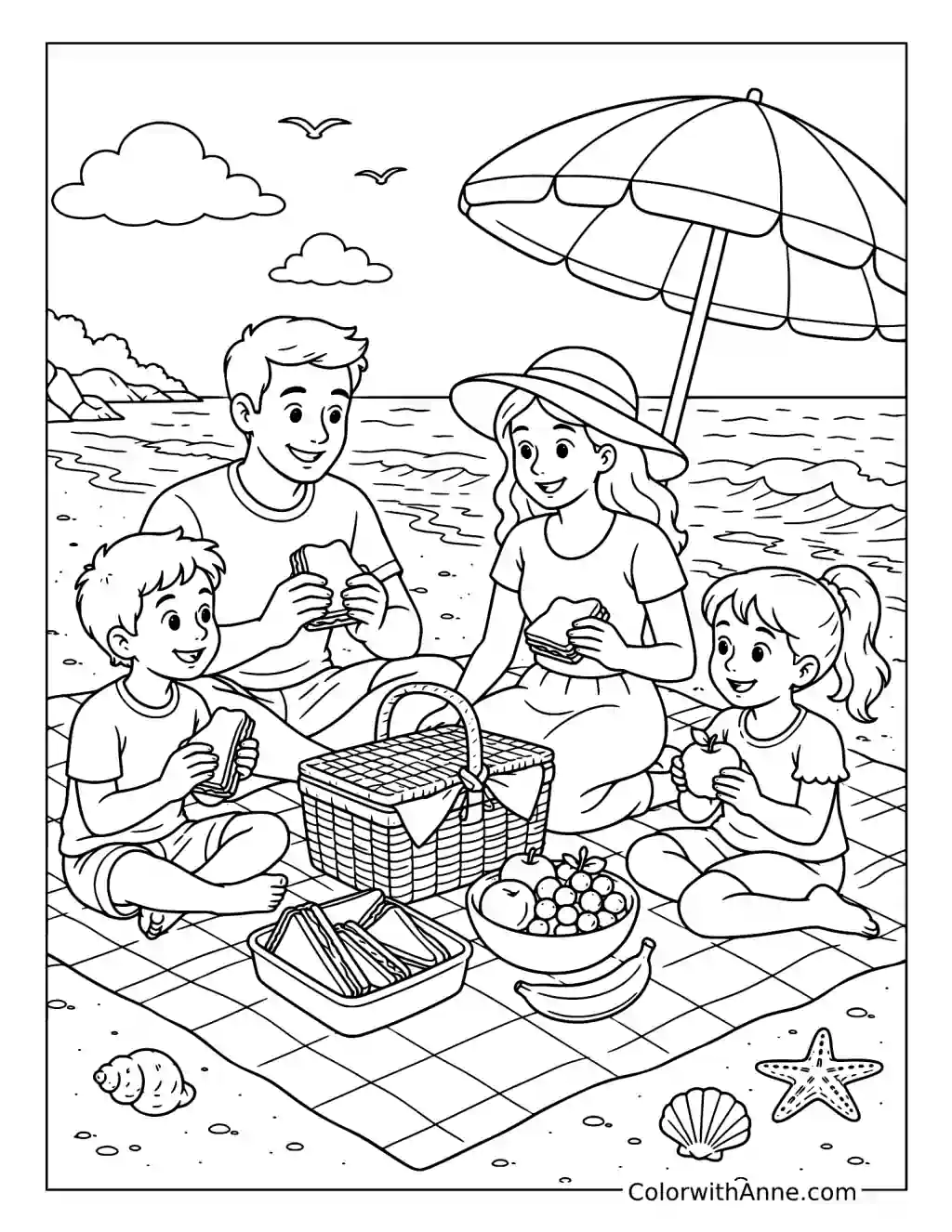 Family Picnic by the Ocean coloring page