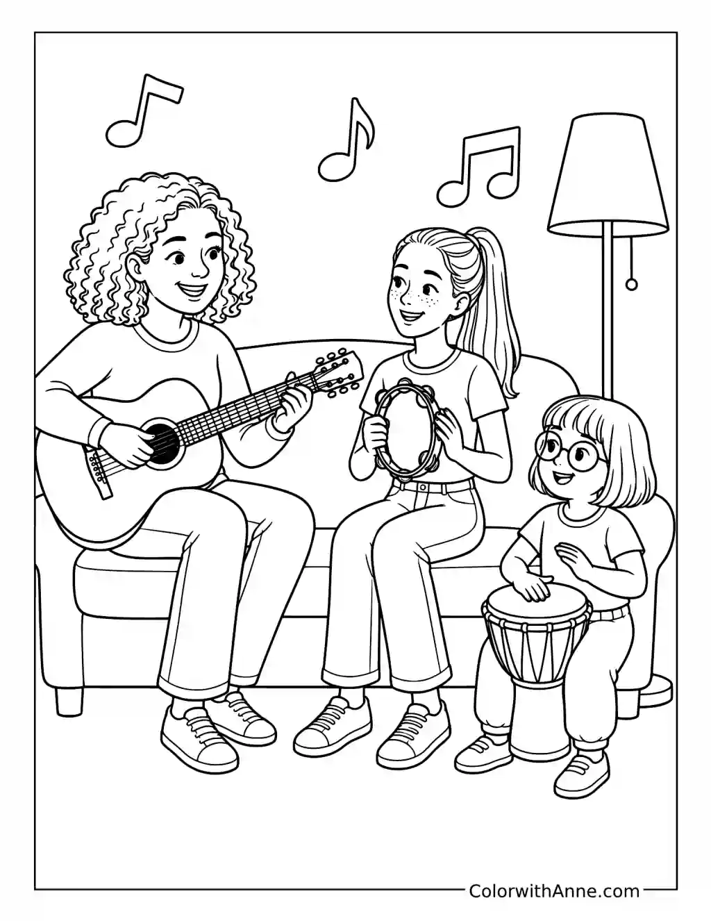 Family Playing Guitar Tambourine and Drum coloring page